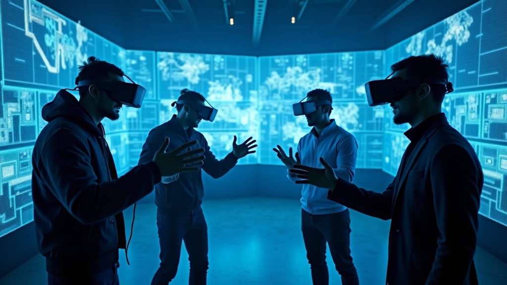 Grupo de amigos sonriendo mientras disfrutan de la experiencia cooperativa PAYDAY 2 VR Barcelona en Virtua