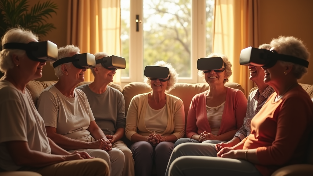 Adulto mayor disfrutando de un viaje virtual a una selva, una aplicación de la realidad virtual para adultos mayores.