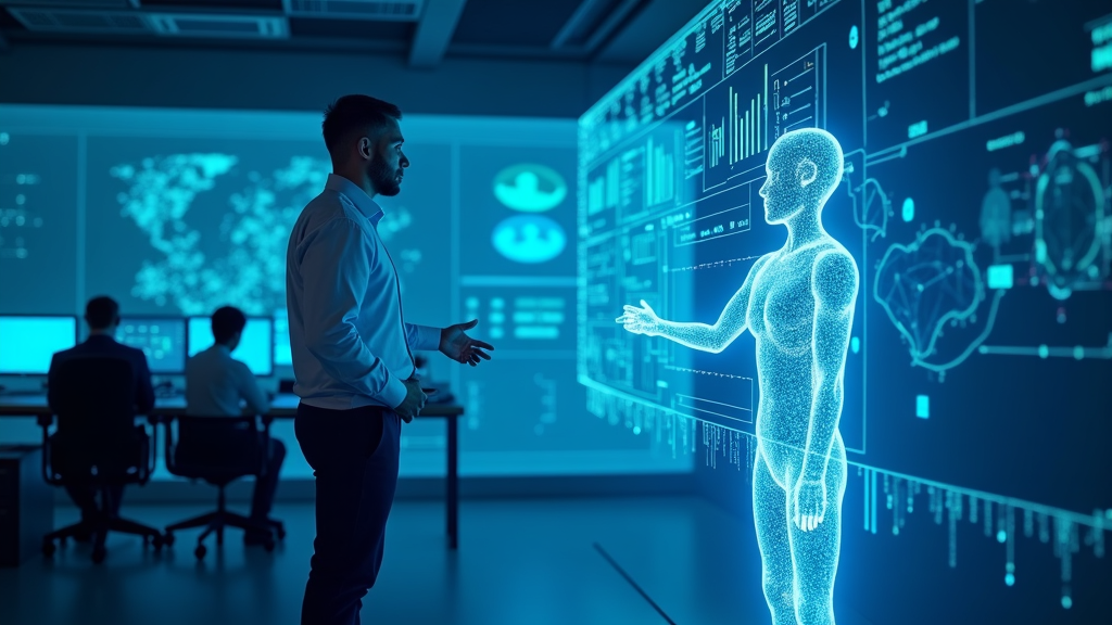 Ilustración que muestra los casos de uso de IA de OpenAI para empresas, con la IA como un asistente colaborativo en una oficina moderna.