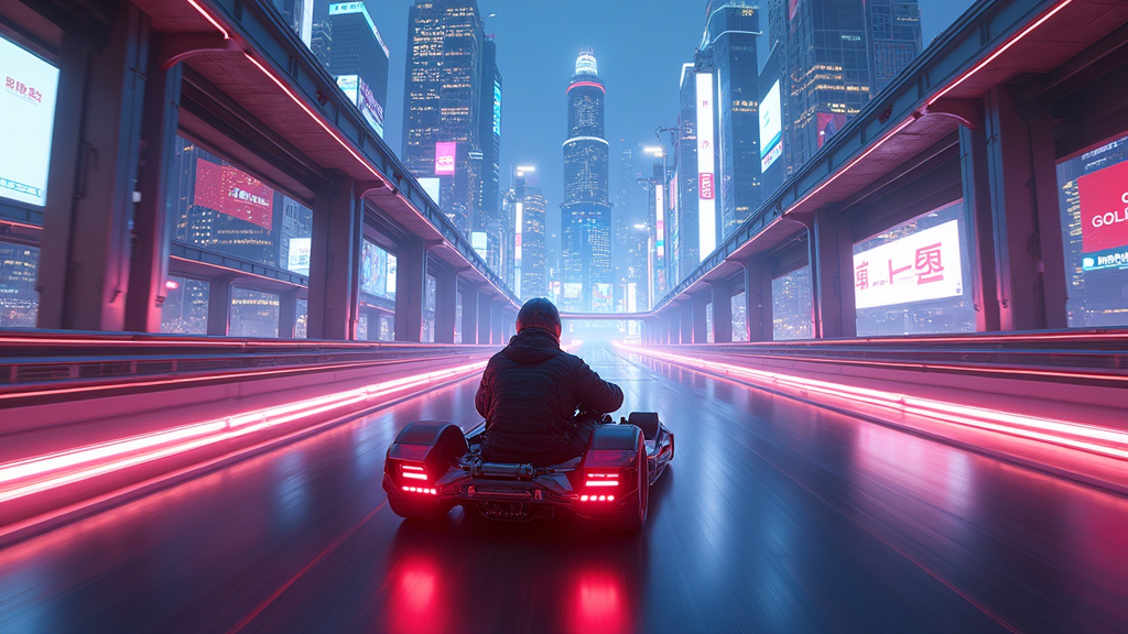 Vista panorámica de la futurista Mega City en nuestro análisis de MegaRacer QuantumRush mundo abierto.