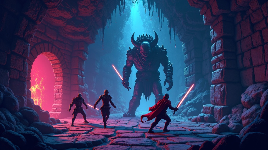 Varios jugadores colaborando en una mazmorra durante nuestro análisis cooperativo de Pixel Dungeon VR.