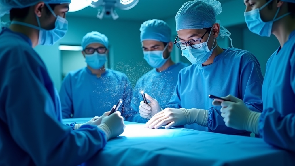 Equipo médico multidisciplinar analizando datos complejos de IA en una pantalla, representando la fusión de la inteligencia artificial con la sanidad moderna.
