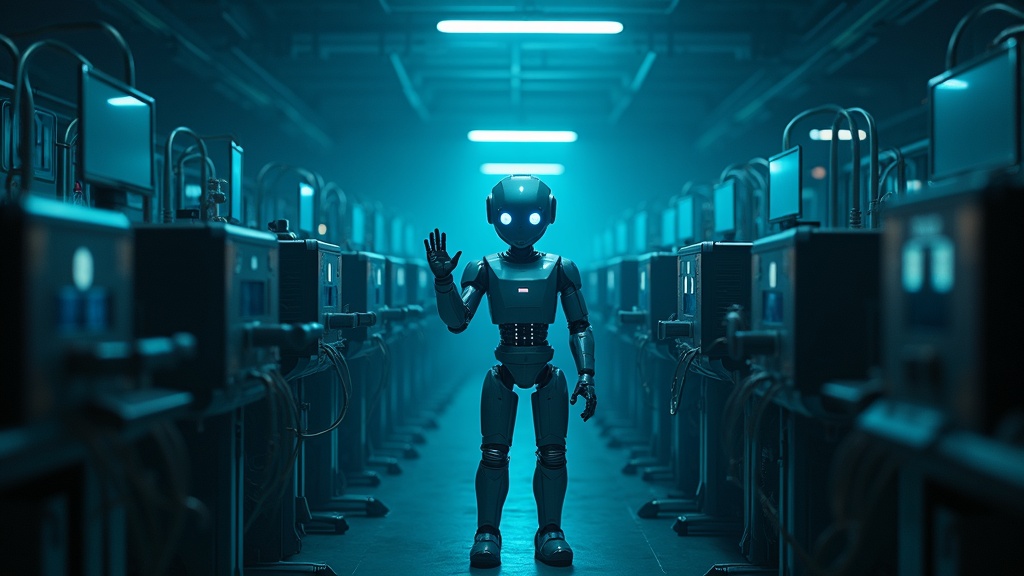 Robot con IA demuestra liderazgo y persuasión a un grupo de robots, ejemplificando la autonomía colectiva en un entorno de laboratorio.