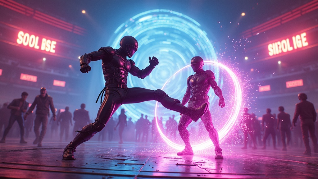 Un jugador esquivando un golpe en una arena de neón en FINAL FURY, parte de nuestro análisis del juego.