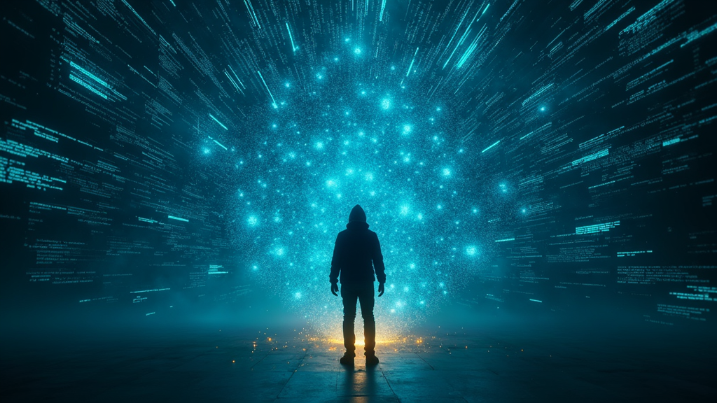 El futuro de la productividad IA en desarrollo de software: un profesional salta hacia nuevas posibilidades con la tecnología.