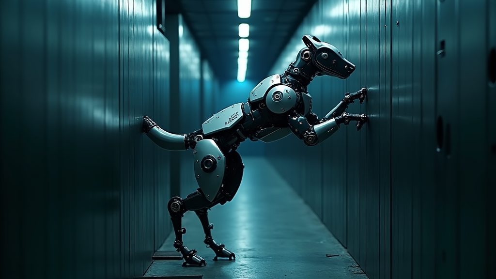 El KLEYN Robot Escalador en acción, superando un obstáculo vertical gracias a su innovadora espalda articulada y diseño cuadrúpedo.