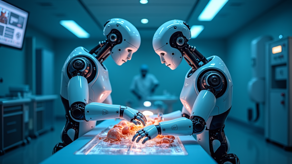 Brazo robótico del Robot SRT-H realizando una cirugía autónoma con precisión milimétrica en un quirófano.