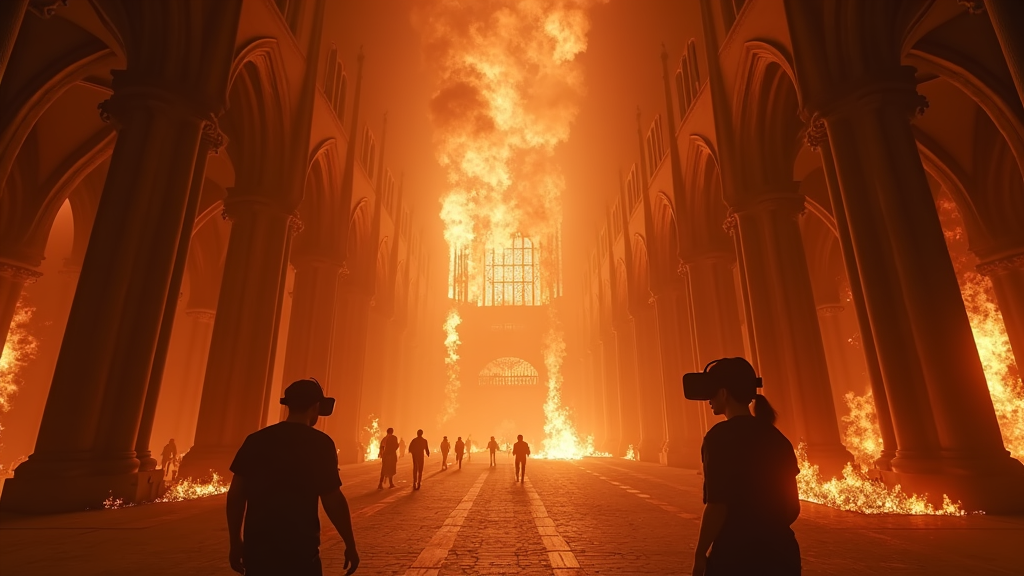 Vista interior de la catedral en llamas en el escape room VR Notre-Dame, mostrando el realismo gráfico de la experiencia.