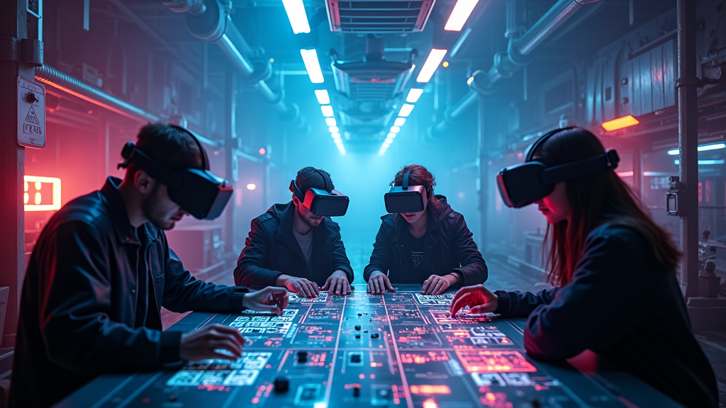 Grupo de jugadores equipados con gafas VR colaborando en el escape room VR futurista Huxley en Virtua Barcelona