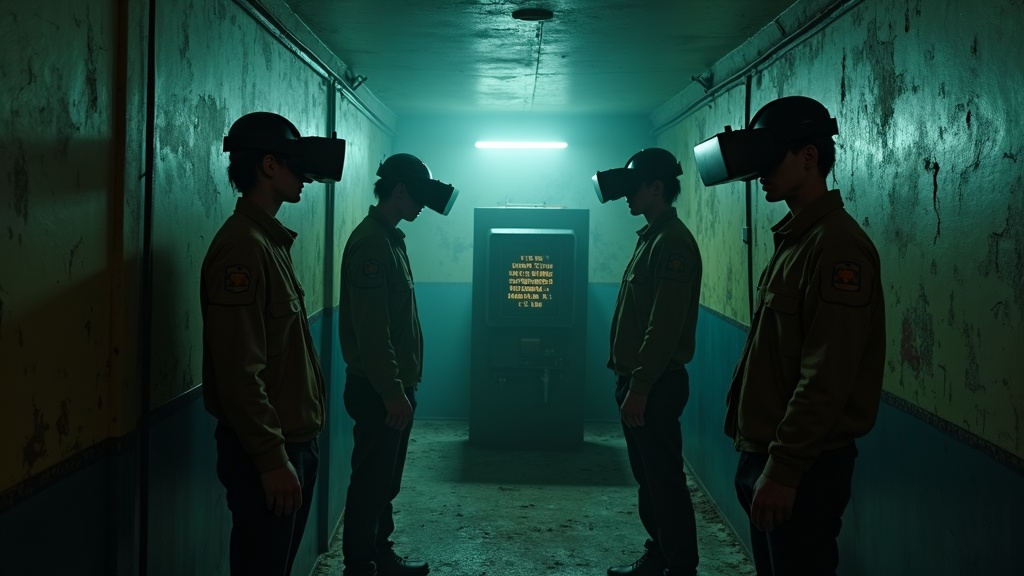 Jugadores inmersos en el escape room VR Chernobyl Barcelona, interactuando con el entorno virtual de Pripyat.