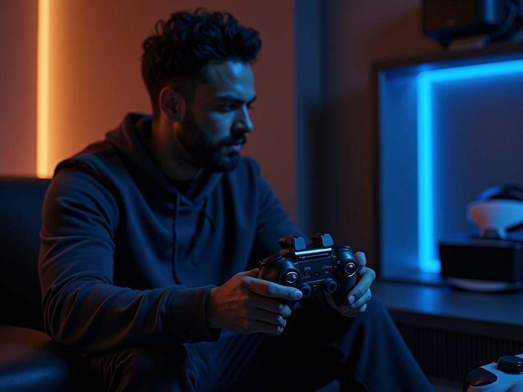 Jugador de PS5 concentrado usando el mando DualSense Edge con el nuevo Stick Module instalado