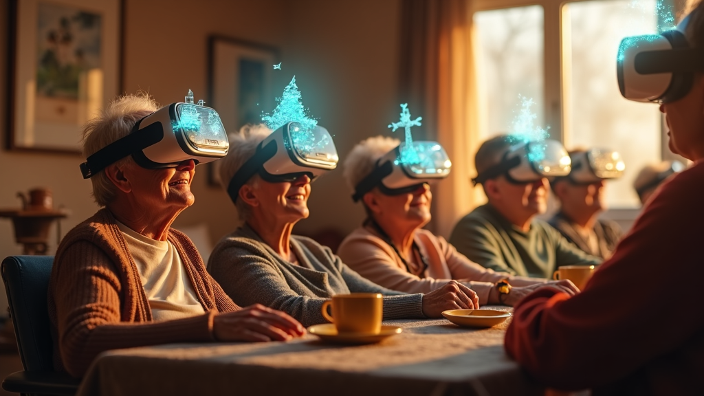 Experiencia inmersiva con elefantes, mostrando el uso de la realidad virtual para el bienestar de adultos mayores.