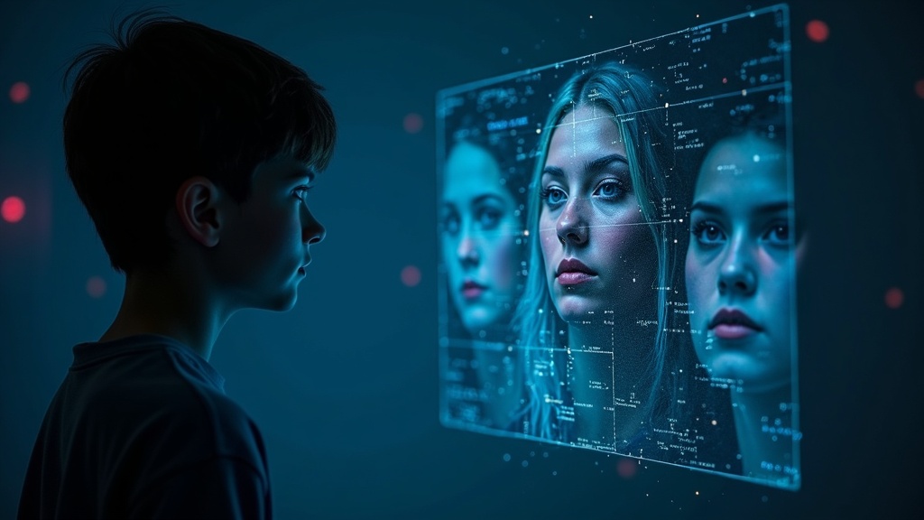 Ilustración conceptual de una cabeza de robot con una mitad iluminada y otra en sombras, representando los peligros de la IA y la creación de deepfakes.