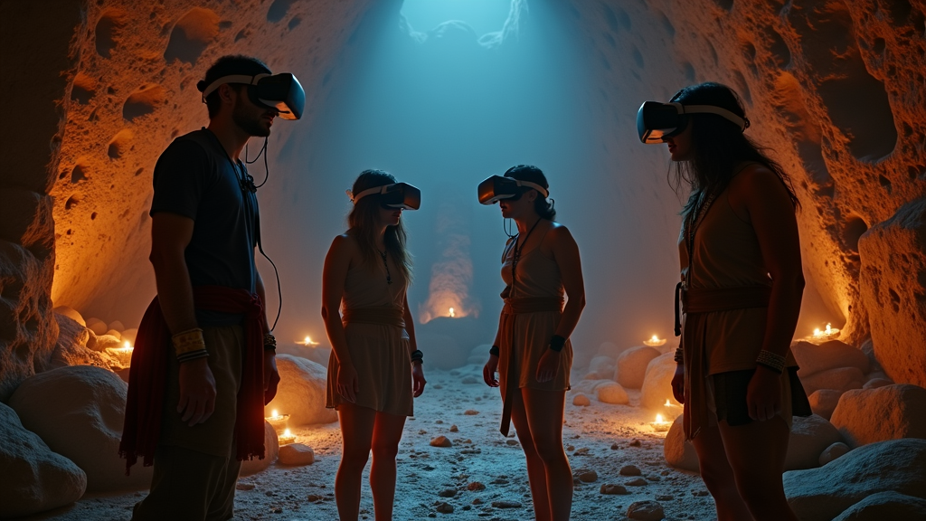 Equipo de amigos colaborando y divirtiéndose en el escape room VR Barcelona Beyond Medusa's Gate.