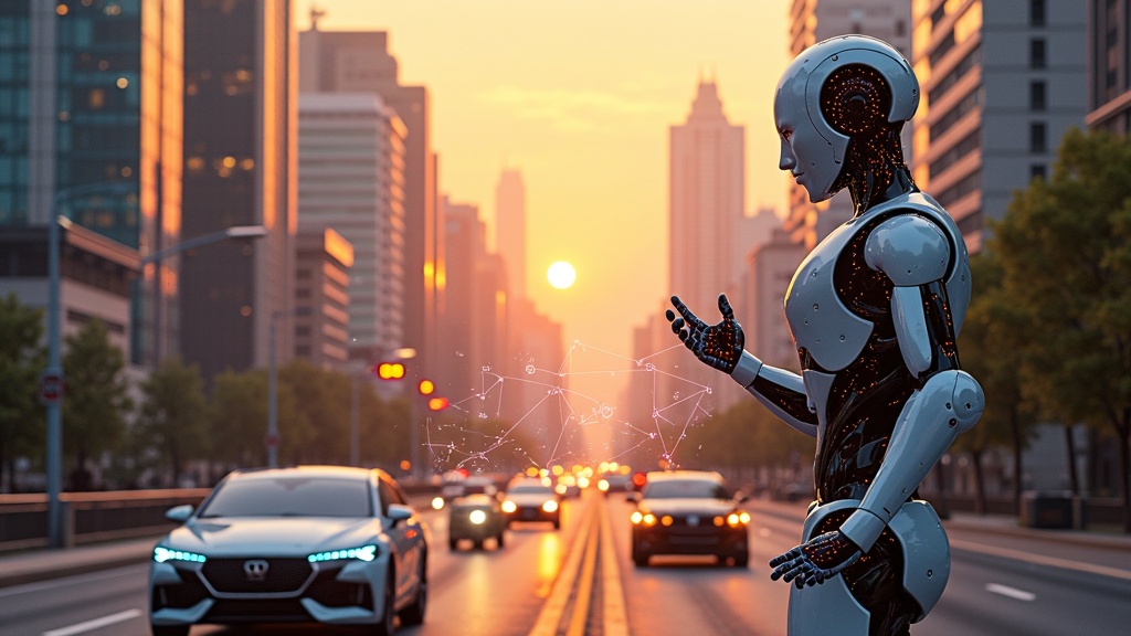 Ilustración conceptual del robot humanoide Tesla Optimus integrado en un entorno de trabajo futurista y colaborativo.