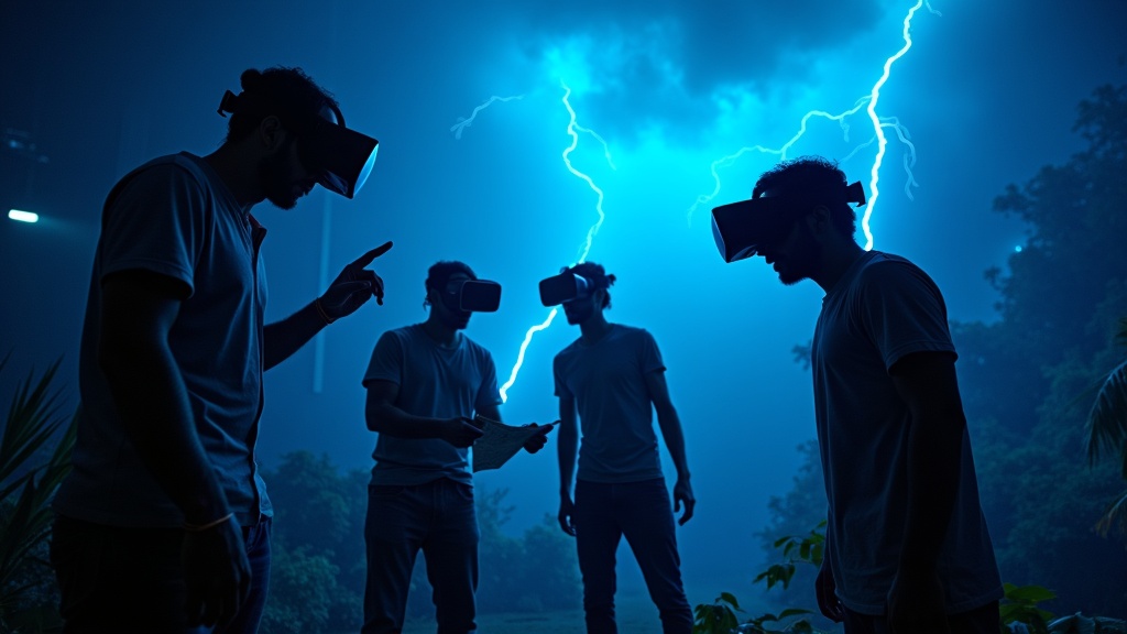 Grupo de amigos colaborando en el Escape Room VR supervivencia Barcelona