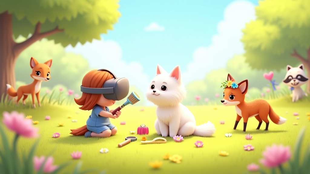 Un estilizado tigre cartoon, ejemplo del diseño artístico del juego Pets & Stuff cuidado y estilismo VR.