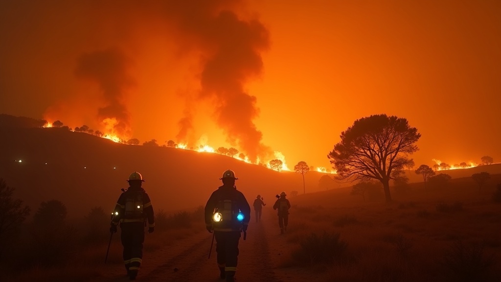 Un enjambre de drones para incendios forestales sobrevolando un bosque para una misión de vigilancia y extinción coordinada.