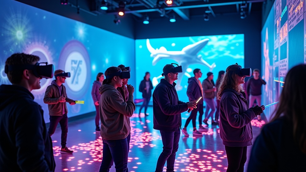 Grupo de amigos colaborando y divirtiéndose en un escape room VR de Virtua Barcelona