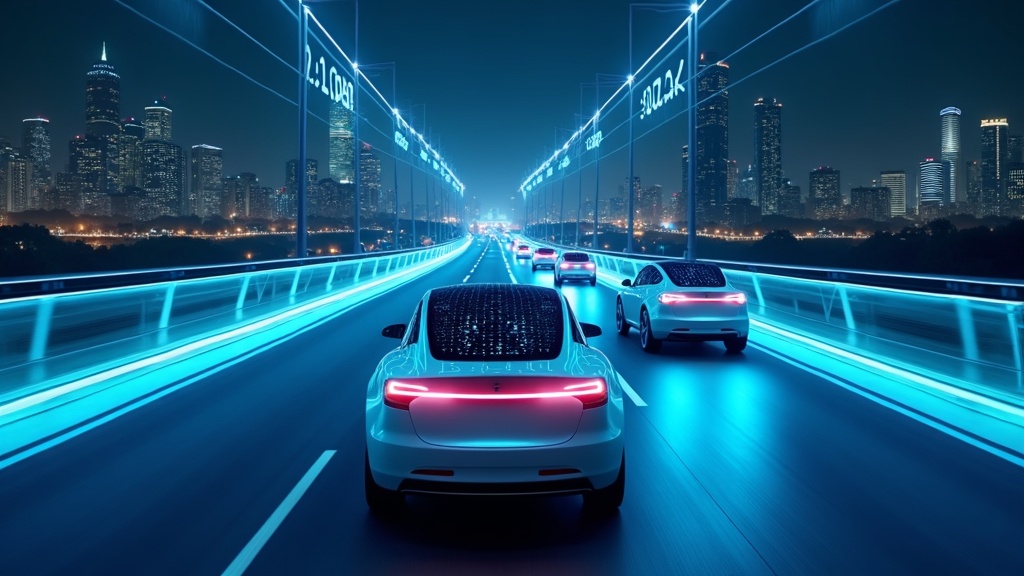 Visión futurista de la tecnología de IA de Tesla con interfaces de datos y conducción autónoma.