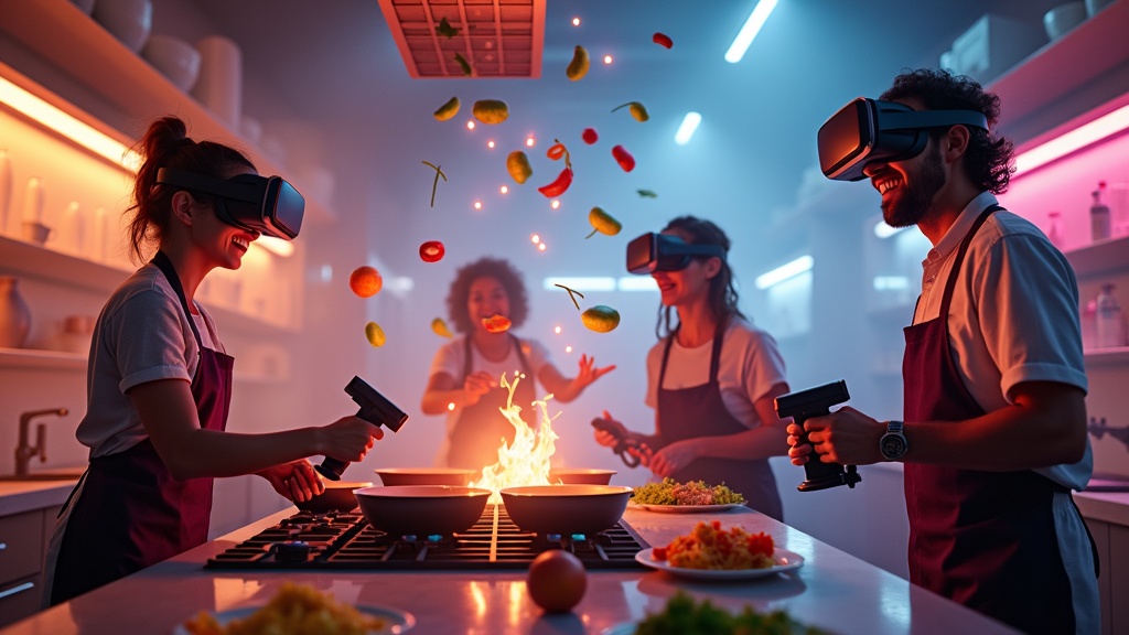 Familia jugando un juego de cocina realidad virtual, Cook Out VR, en las instalaciones de Virtua Barcelona.