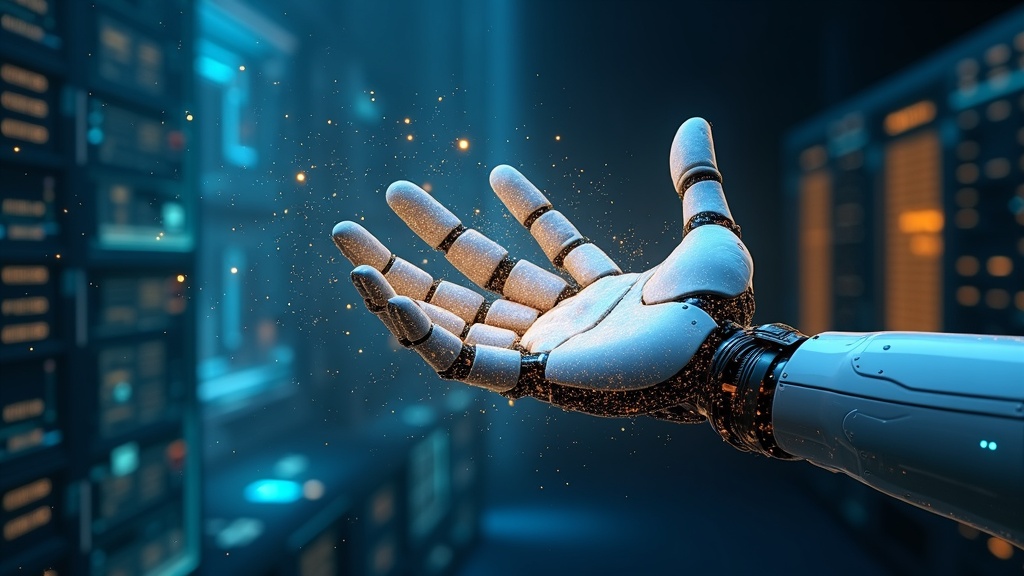 Un brazo robótico interactuando con objetos en un gemelo digital creado con NVIDIA Cosmos y datos sintéticos.