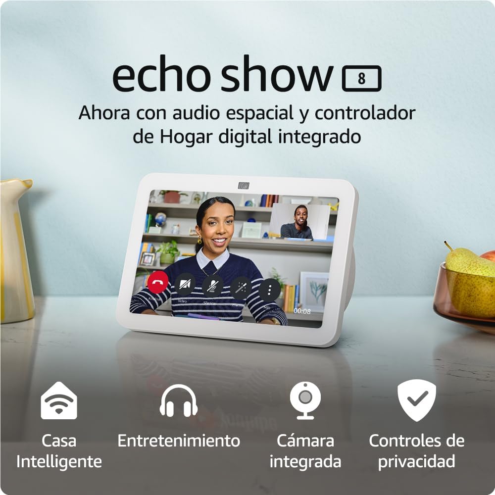 Collage de funciones del Amazon Echo Show 8 última generación: control del hogar, entretenimiento y videollamadas.