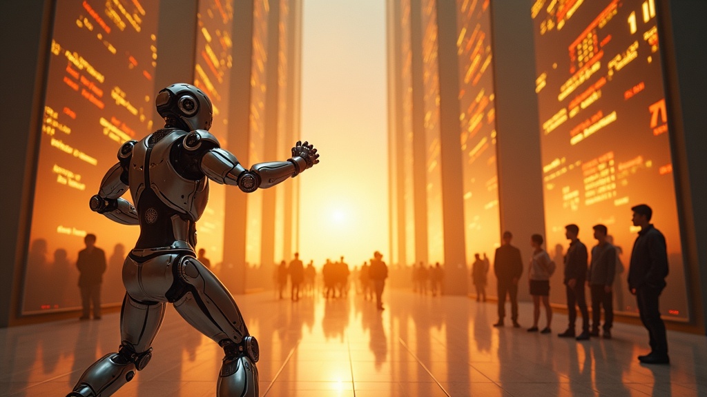 Un robot humanoide de Unitree, ejemplo de los robots IA de la Cumbre de Shanghai, interactuando con una persona.