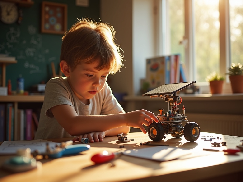 Niña concentrada montando las piezas del kit de construcción Robot Solar BOZT
