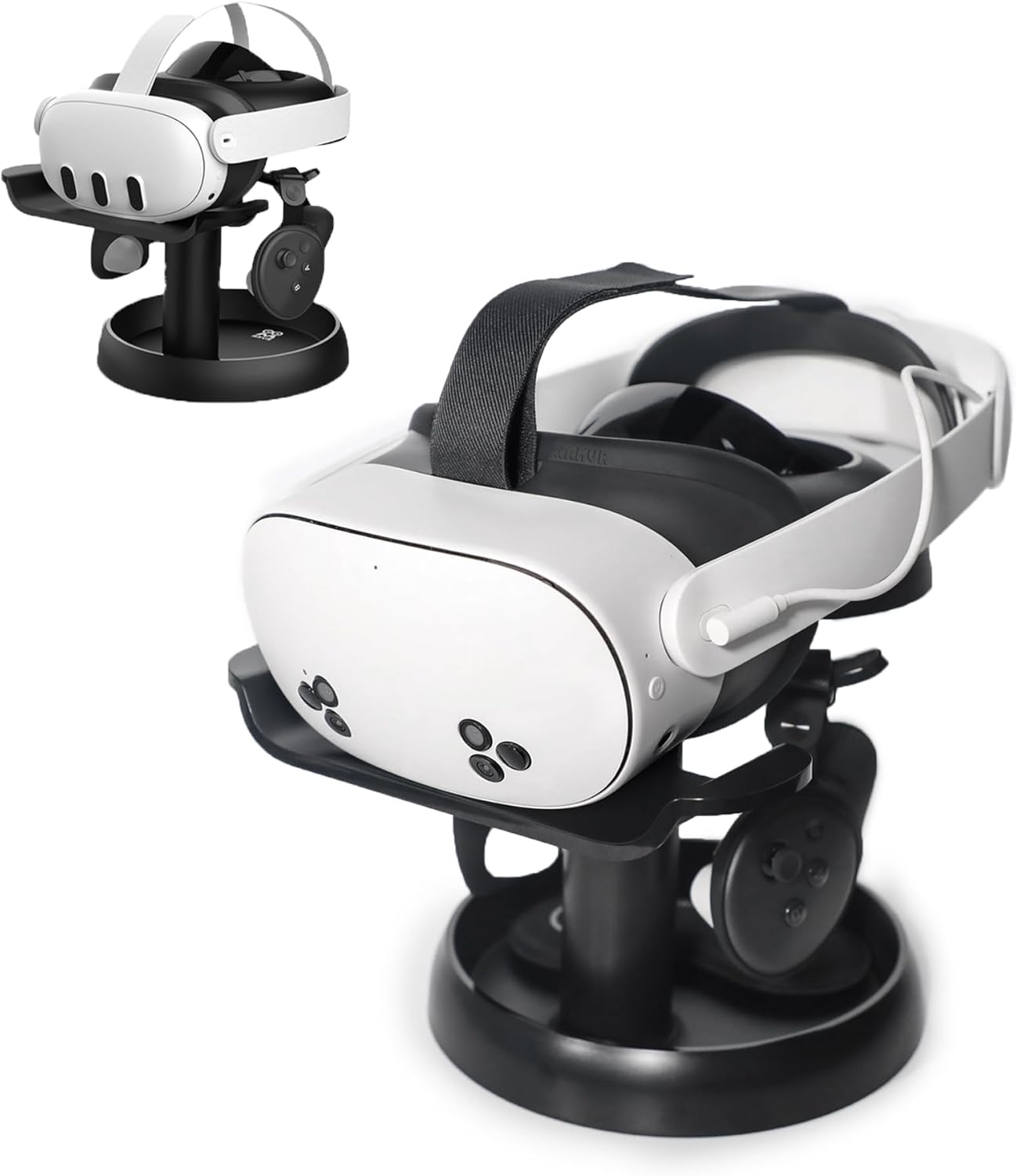 Caja del producto Soporte VR AMVR mostrando sus características de compatibilidad y estabilidad.