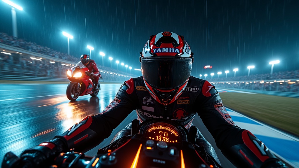 Dos motoristas compitiendo en un circuito detallado de VRider SBK.