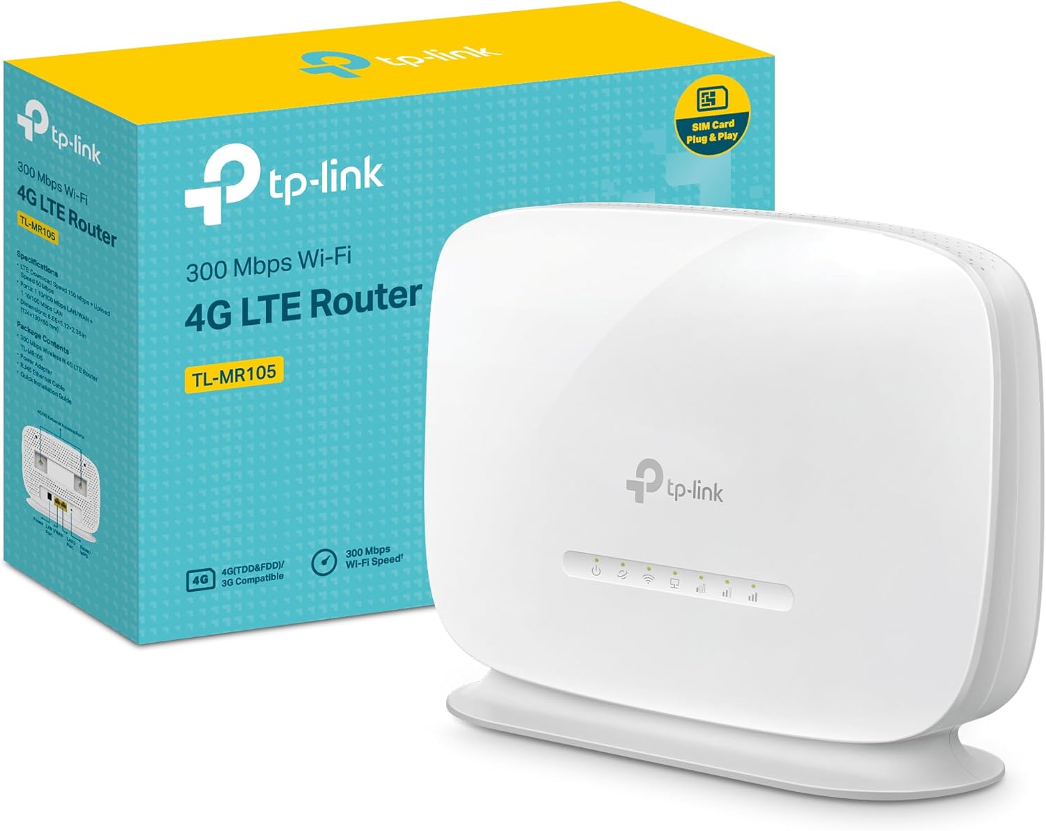 Caja del producto TP-Link TL-MR105 en un escritorio moderno junto a una tarjeta MicroSIM.
