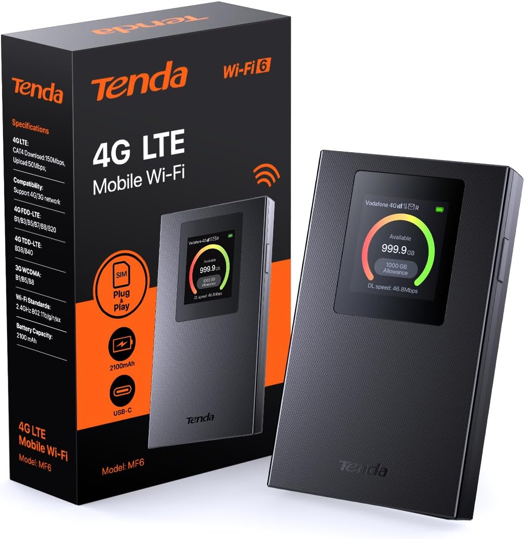 Caja del producto Tenda MF6 WiFi 6 junto a un portátil y un smartphone sobre una mesa