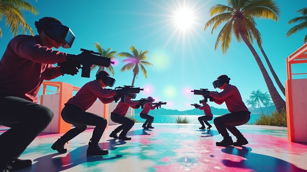 Equipo de amigos disfrutando de una partida de paintball virtual en Barcelona en las instalaciones de Virtua.