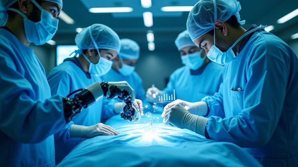 Robot quirúrgico de alta precisión, como los utilizados en la cirugía robótica de Castilla y León, en un quirófano moderno.