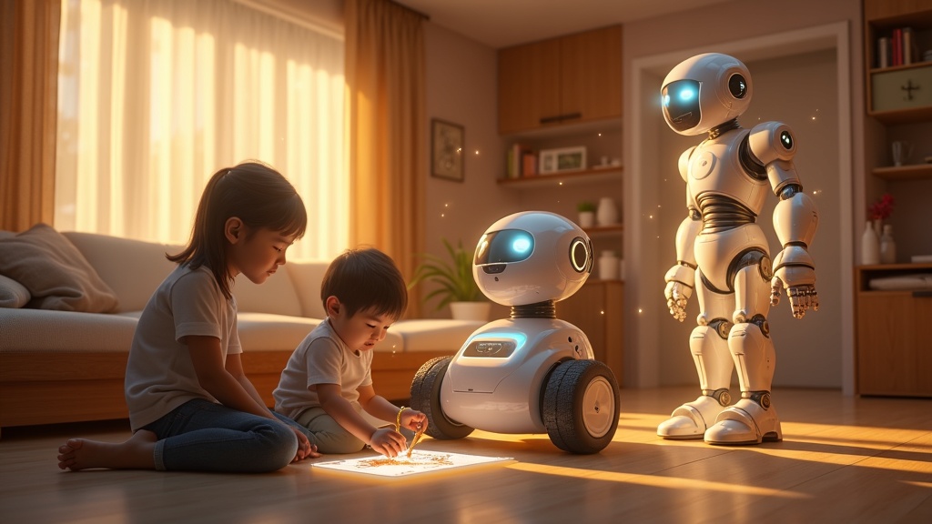 Ilustración futurista de cómo la robótica doméstica inteligente de Apple podría integrarse en la vida diaria.