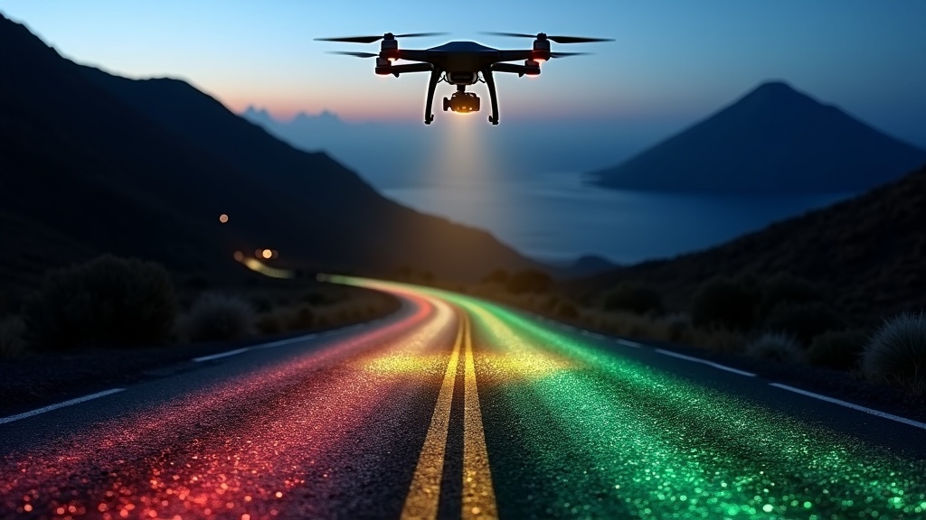 Infraestructura vial inteligente y sostenible gestionada por IA para el diagnóstico de carreteras, mostrando una vía segura y digitalizada