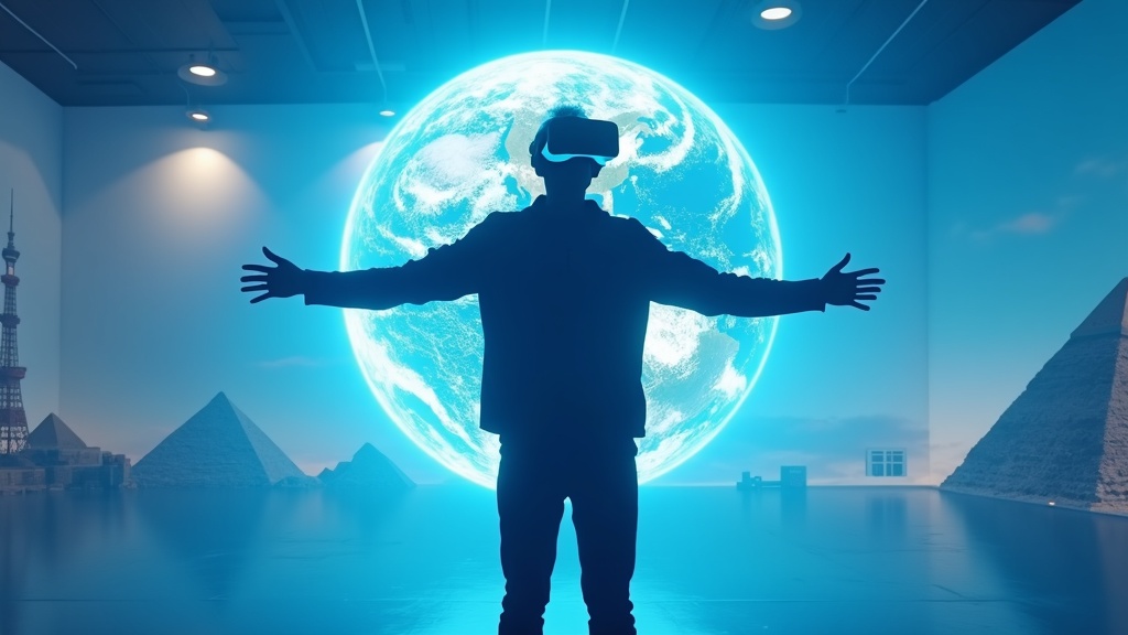 Mujer sonriendo mientras realiza una exploración mundial en realidad virtual con Google Earth en Virtua Barcelona.