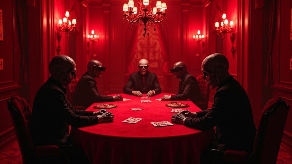 Primer plano de las cartas y la mesa de juego en una partida de Death Poker.