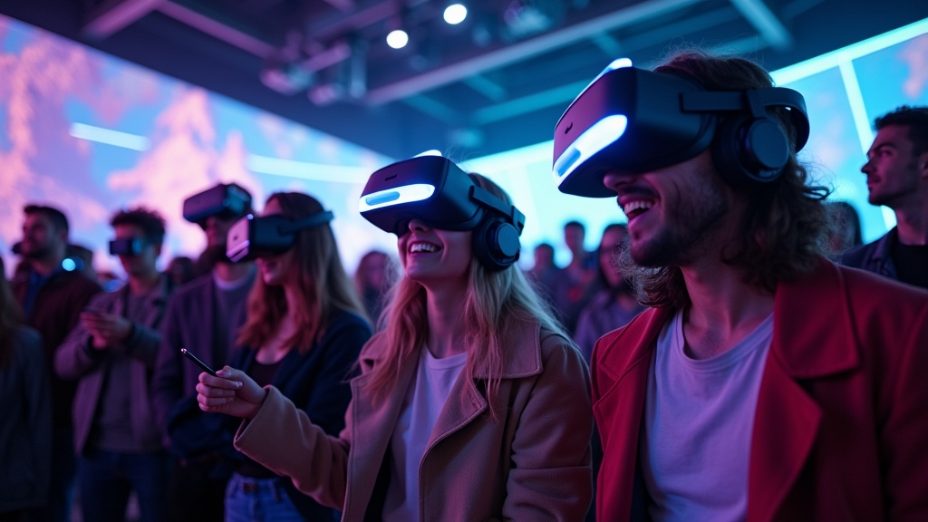 Grupo de amigos riendo mientras disfrutan de una de las inmersivas experiencias de realidad virtual en Barcelona que ofrece Virtua.