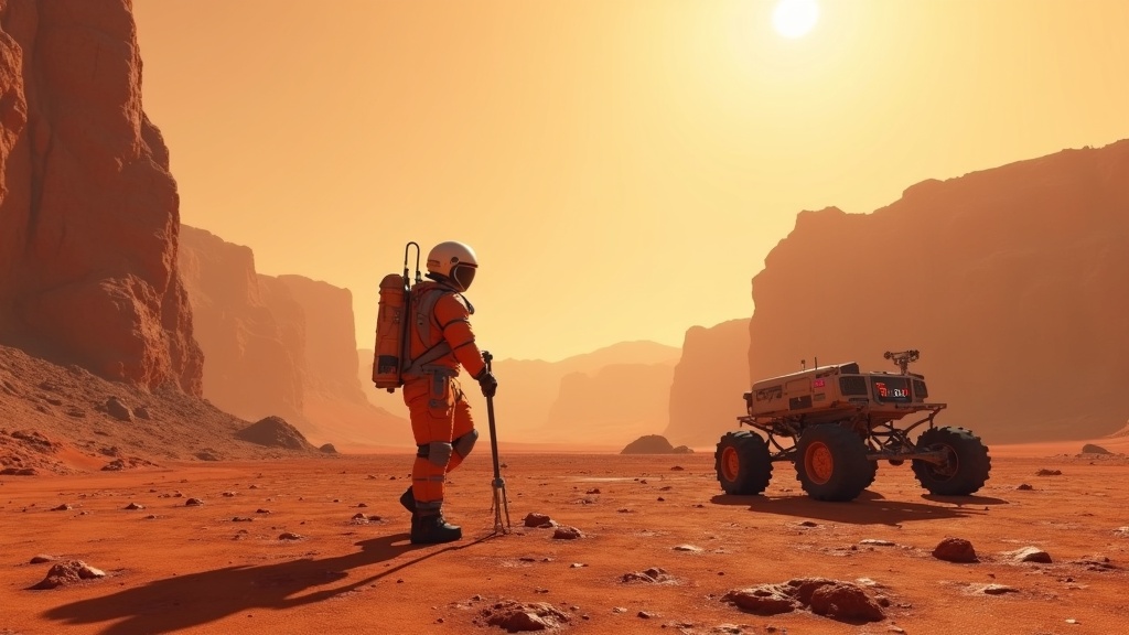 Un rover explorando la superficie de Marte en nuestro análisis de Surviving Mars: Pioneer