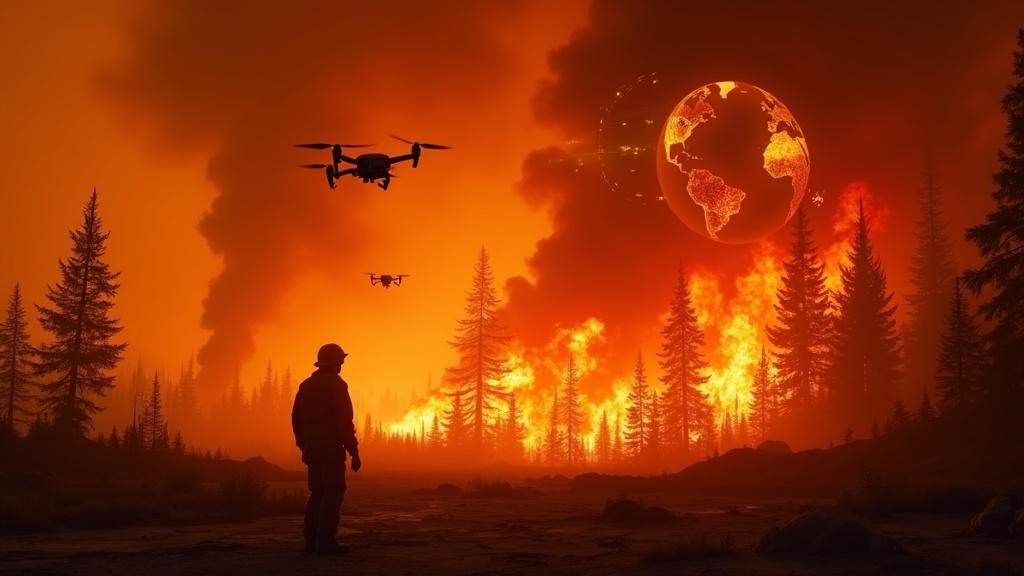 Robot terrestre para incendios forestales avanzando sobre terreno quemado, demostrando su capacidad operativa.