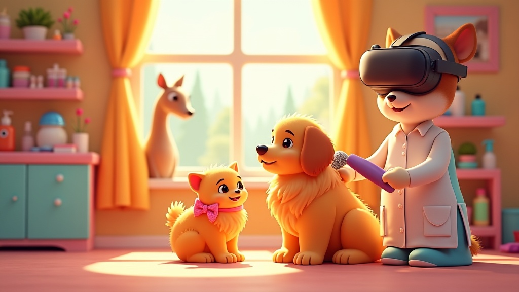 Un adorable mono recibe cuidados en una sesión de Pets & Stuff cuidado y estilismo VR.