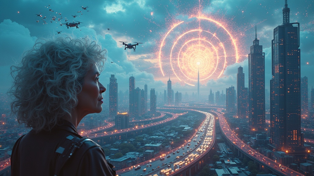 Ilustración conceptual de los tanques robot autónomos de Rusia, contrastando tecnología y naturaleza.