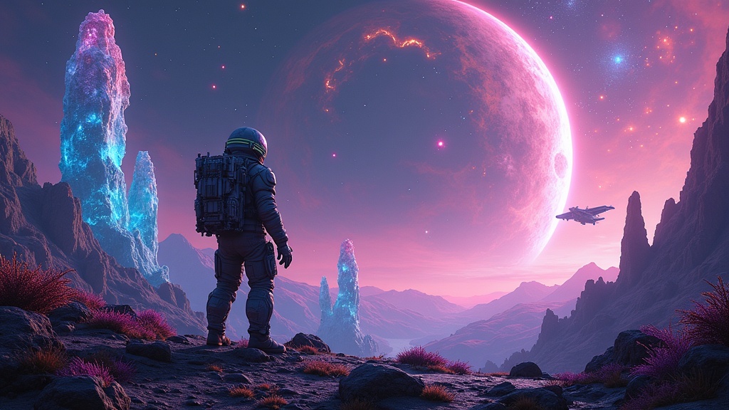 Un jugador explora un planeta alienígena en No Man's Sky VR para nuestro análisis.