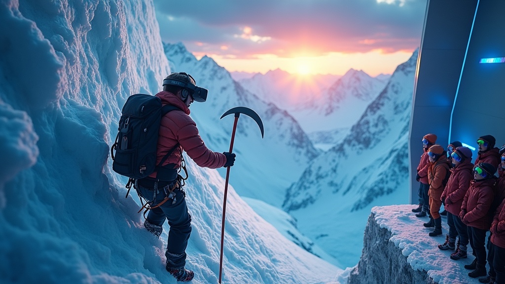 Dos personas preparándose con el equipo de Everest VR antes de comenzar la aventura de escalar el Everest en realidad virtual.