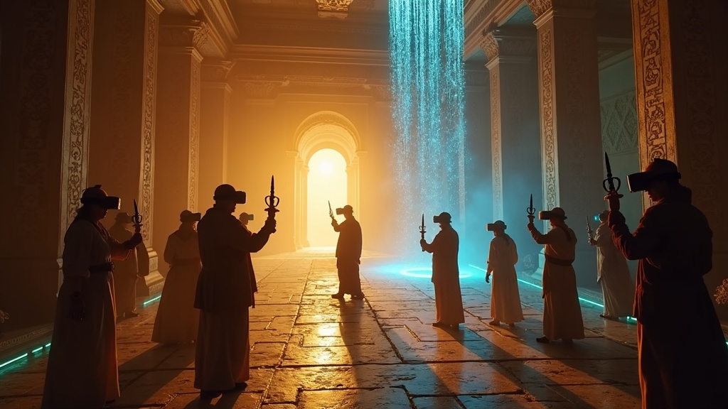 Equipo de jugadores colaborando dentro del escape room VR Prince of Persia en Virtua Barcelona