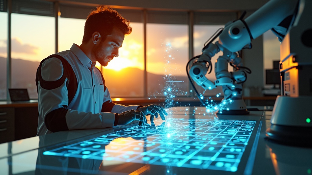 Técnico especialista trabajando en la instalación de paneles solares con ayuda de robótica avanzada, reflejando el espíritu de la ITER Convocatoria Robótica Fotovoltaica.