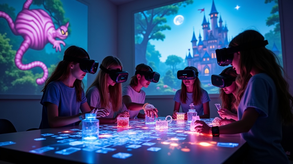 Grupo de amigos colaborando en el escape room virtual de Alicia en Barcelona