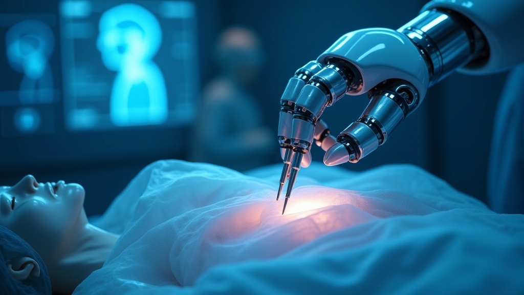 Ilustración de un brazo robótico en una cirugía robótica en mastectomía, mostrando la precisión en el tratamiento del cáncer de mama.